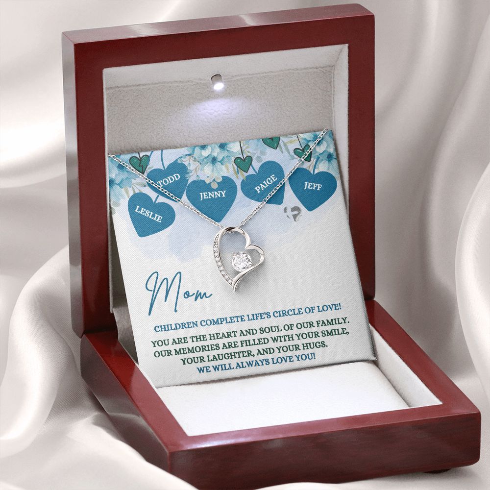 Mom's Circle of Love - Personalized - Forever Heart Necklace HGF#173LK Jewelry 14k White Gold Finish Luxury Box 